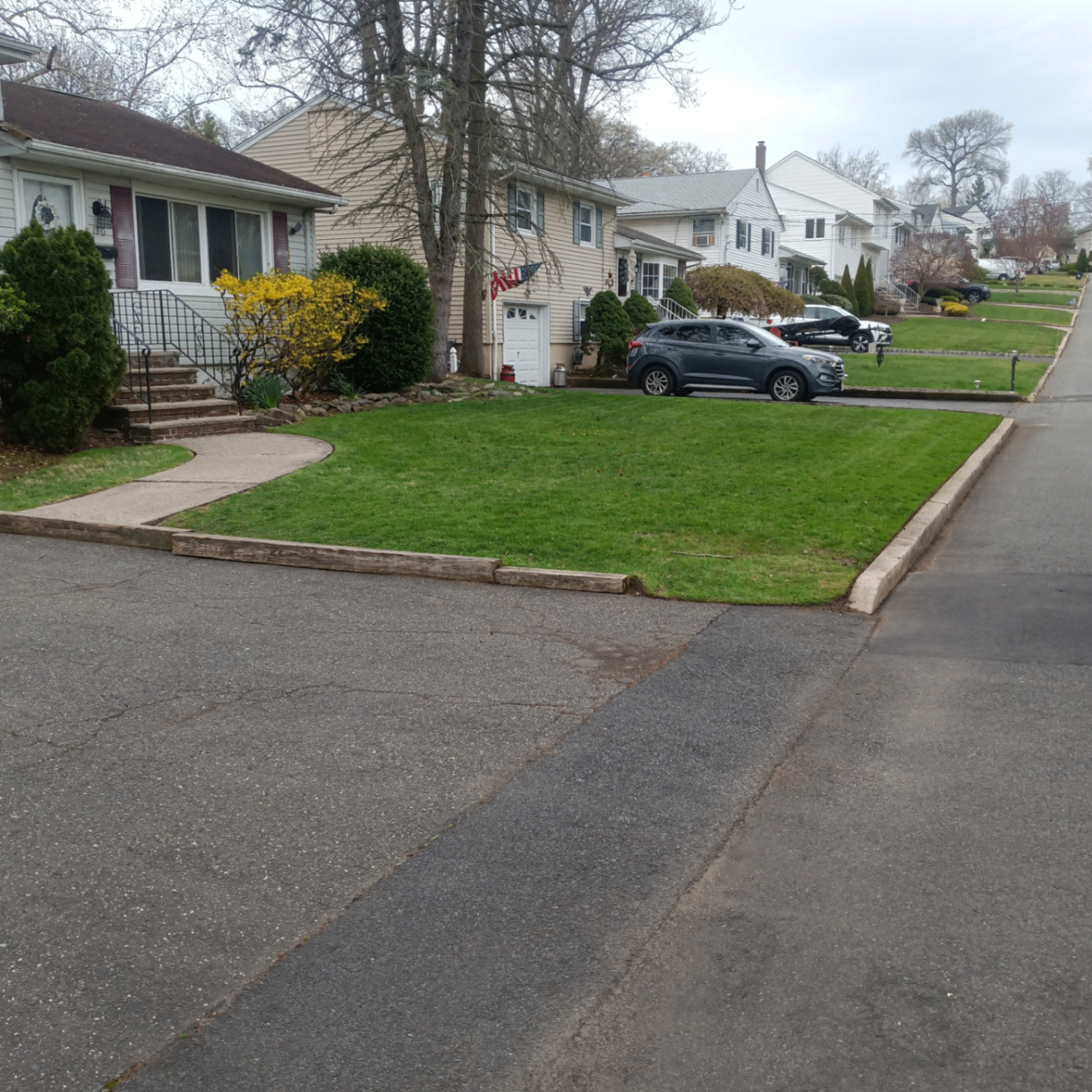 Freshly mowed front lawn at a Clifton, NJ home